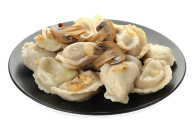 Photo of Delicious dumplings (varenyky) with potatoes, mushrooms and onion on white background