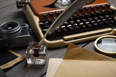 Photo of Composition with vintage detective items on grey wooden table, closeup