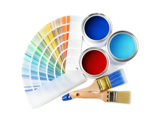 Photo of Set of painting tools on white background, top view