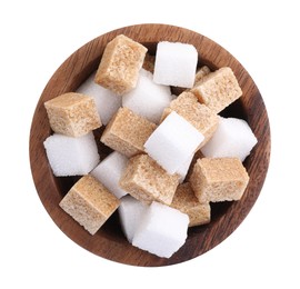 Photo of Different types of sugar in bowl isolated on white, top view