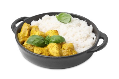 Photo of Delicious rice and chicken with curry sauce isolated on white