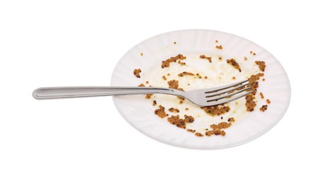Photo of Dirty plate and fork on white background