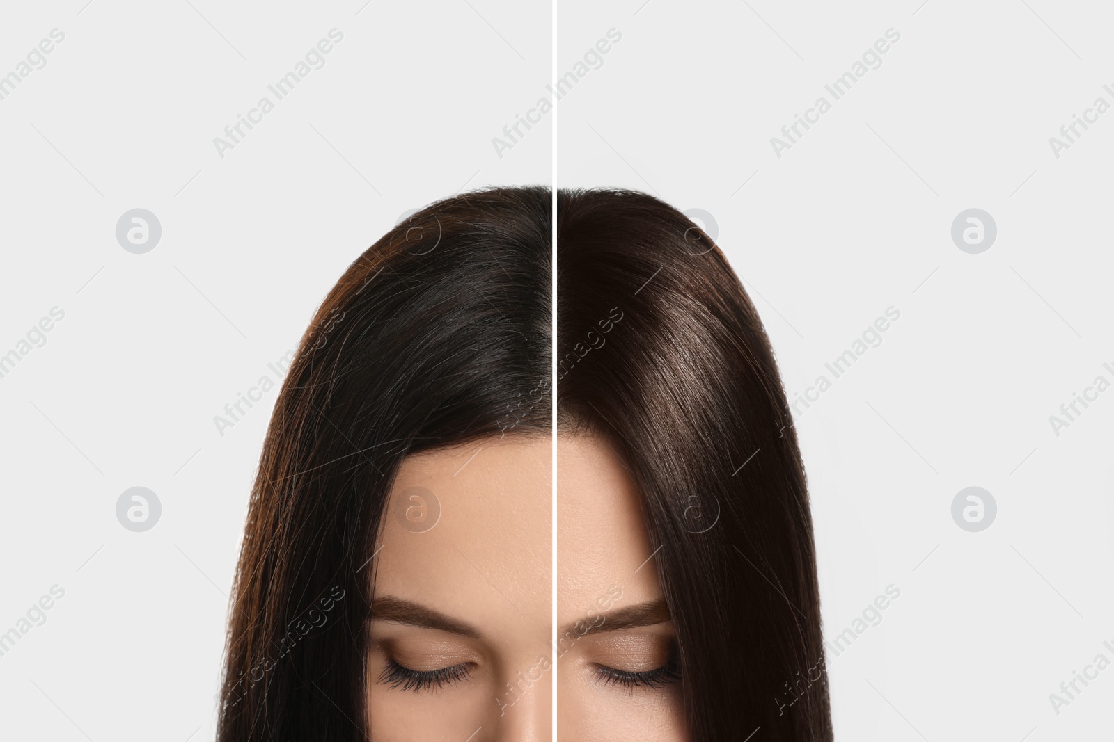 Image of Closeup view of young woman before and after hair dyeing on light background, collage