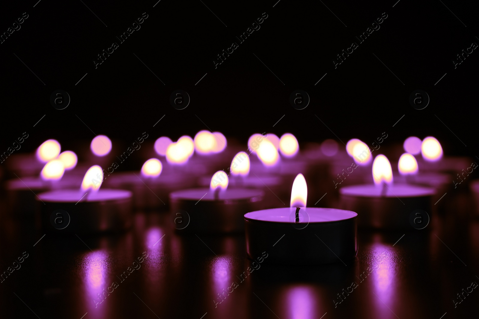 Image of Burning violet candle on black background, closeup. Funeral attributes