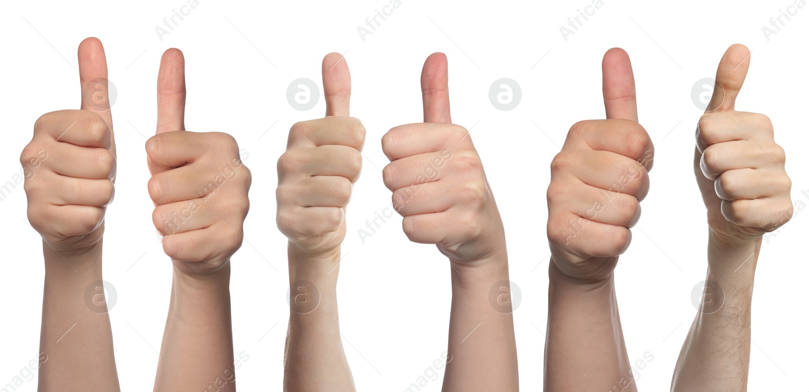 Image of Collage with photos of people showing thumbs up gestures on white background. Banner design