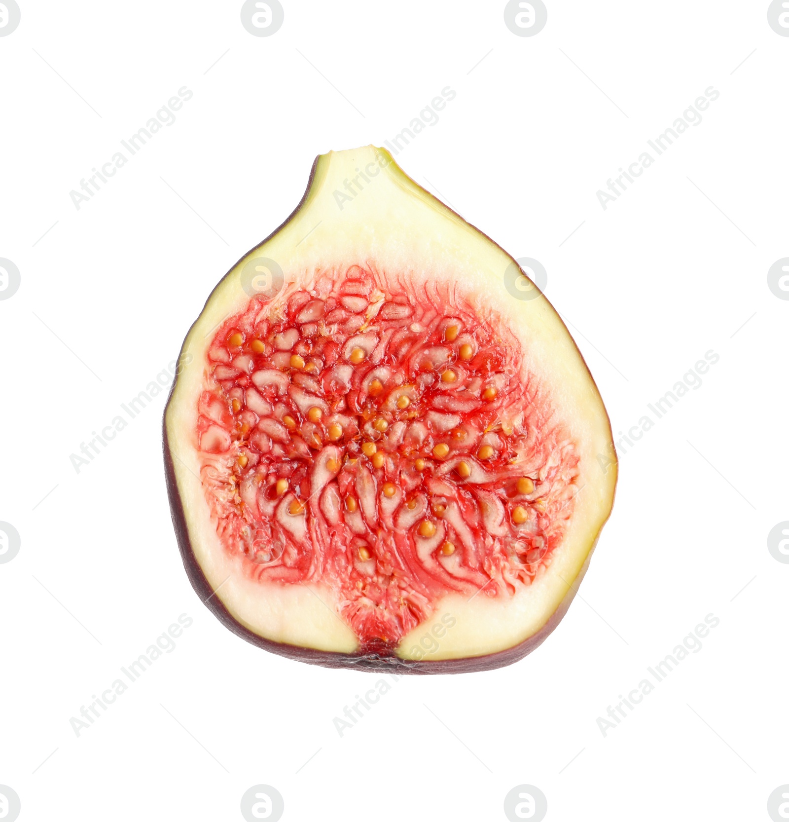 Photo of Half of fresh fig isolated on white, top view