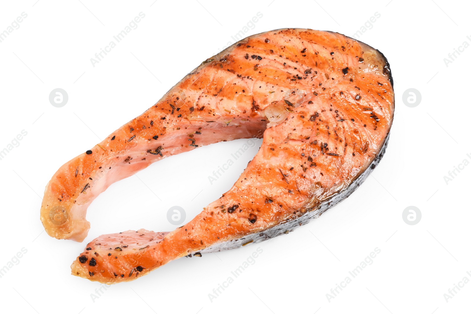 Photo of Tasty grilled salmon steak isolated on white