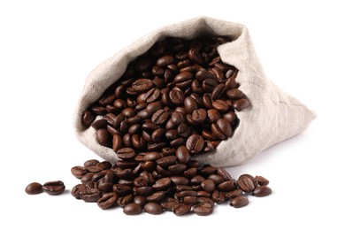Overturned bag with roasted coffee beans isolated on white