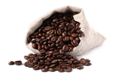 Photo of Overturned bag with roasted coffee beans isolated on white