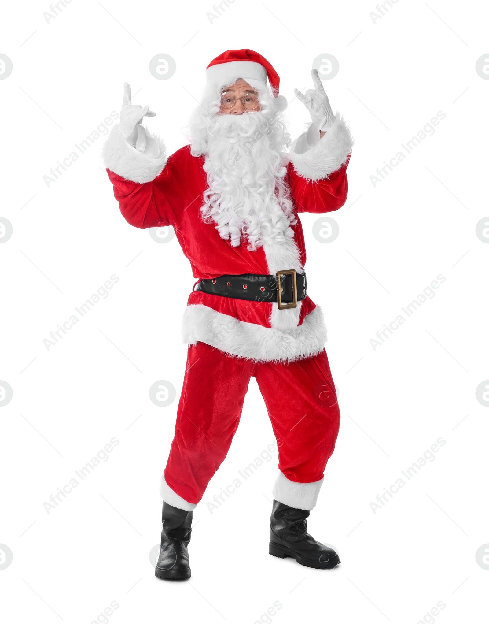 Photo of Man in Santa Claus costume posing on white background