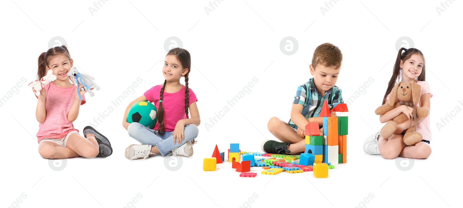 Image of Collage of cute little children playing on white background. Banner design