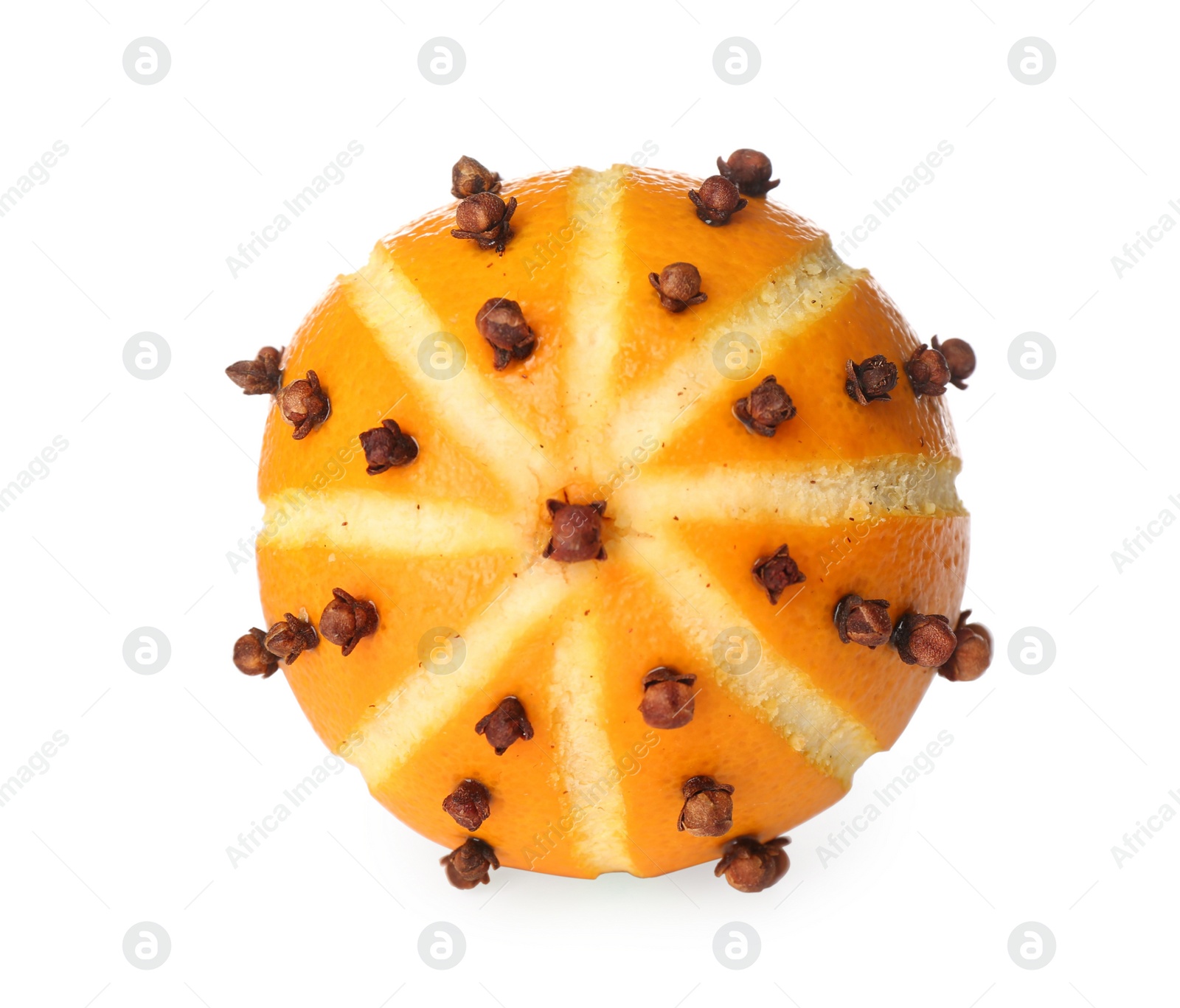 Photo of Pomander ball made of fresh orange and cloves isolated on white