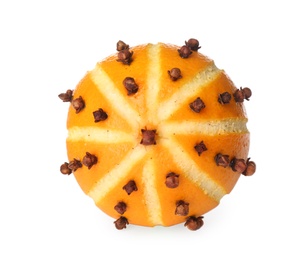 Photo of Pomander ball made of fresh orange and cloves isolated on white