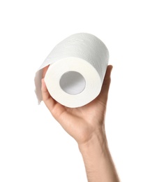 Photo of Woman holding roll of toilet paper on white background