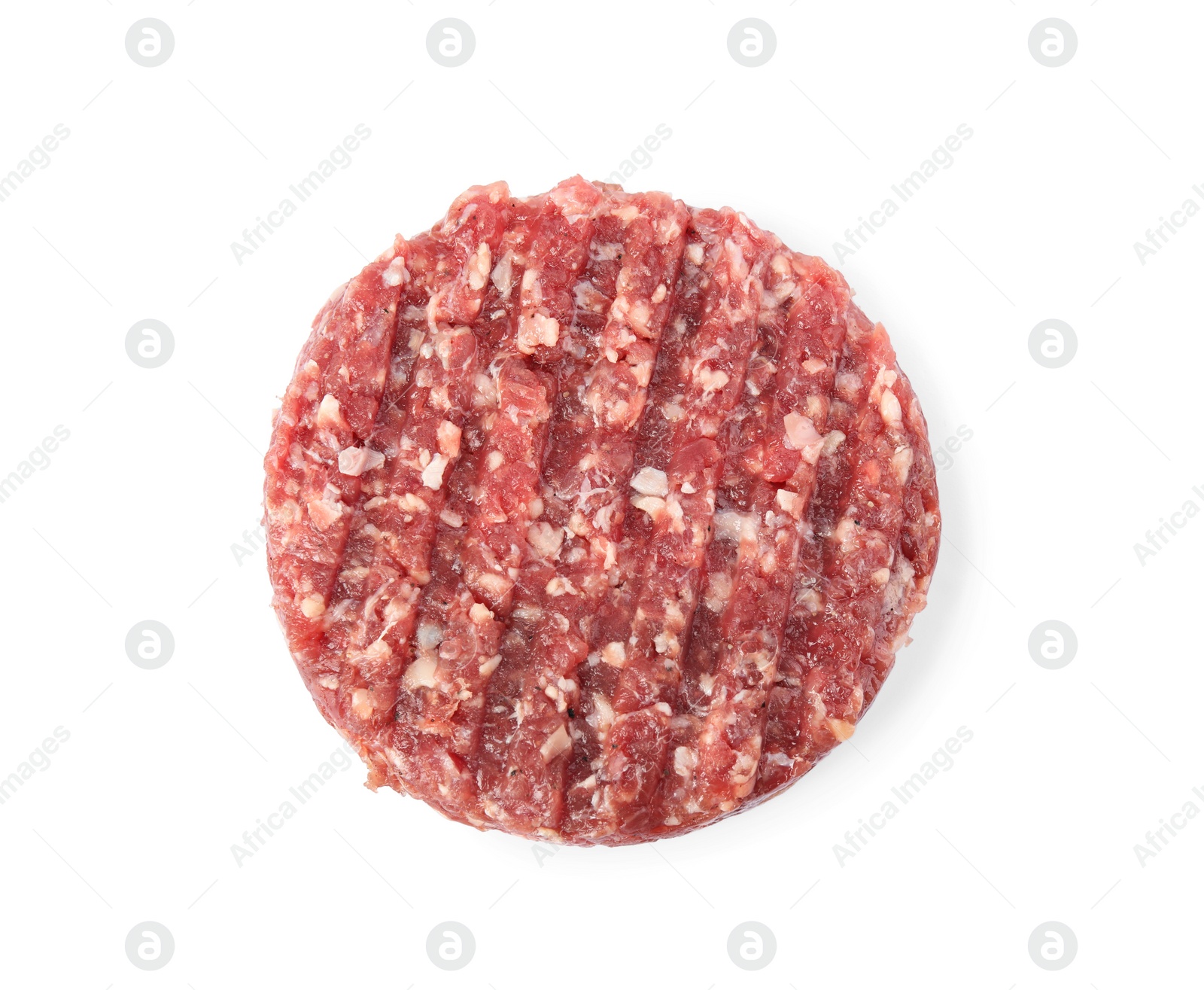 Photo of Raw meat cutlet for burger isolated on white, top view