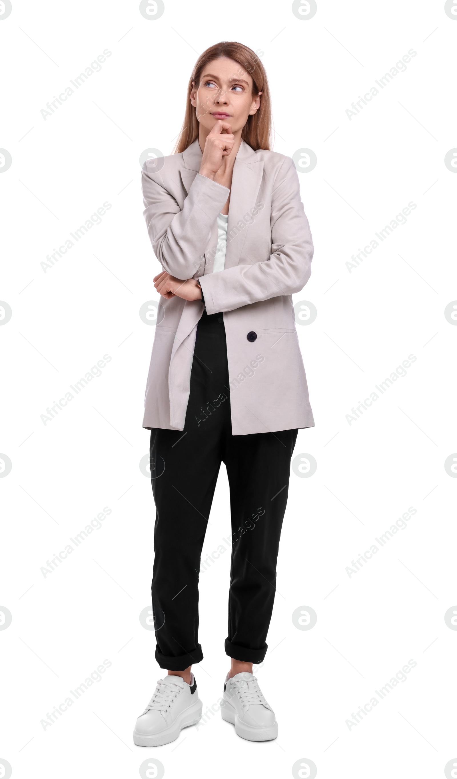 Photo of Full length portrait of beautiful businesswoman on white background