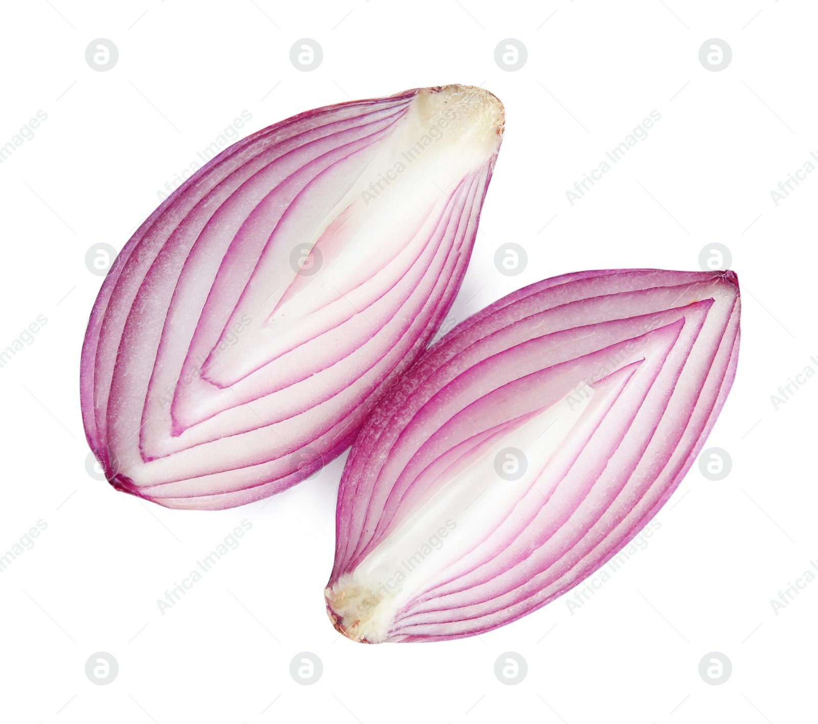 Photo of Fresh cut red onion on white background, top view