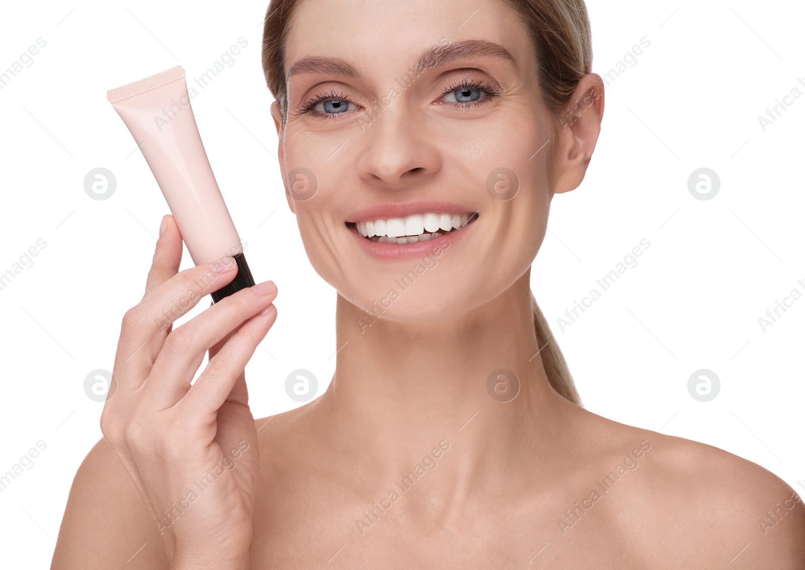 Photo of Woman holding tube with foundation on white background