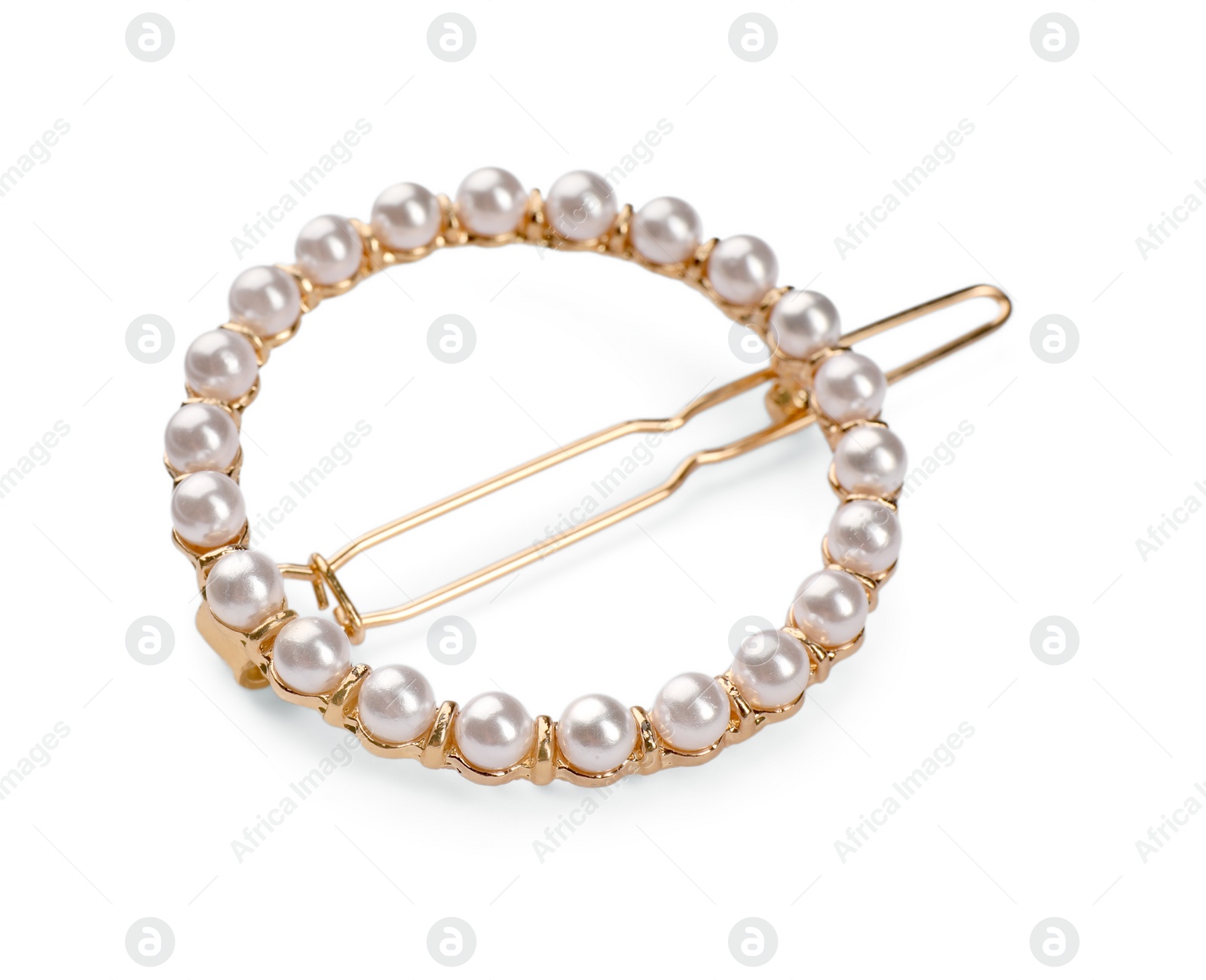 Photo of Elegant hair clip with pearls isolated on white