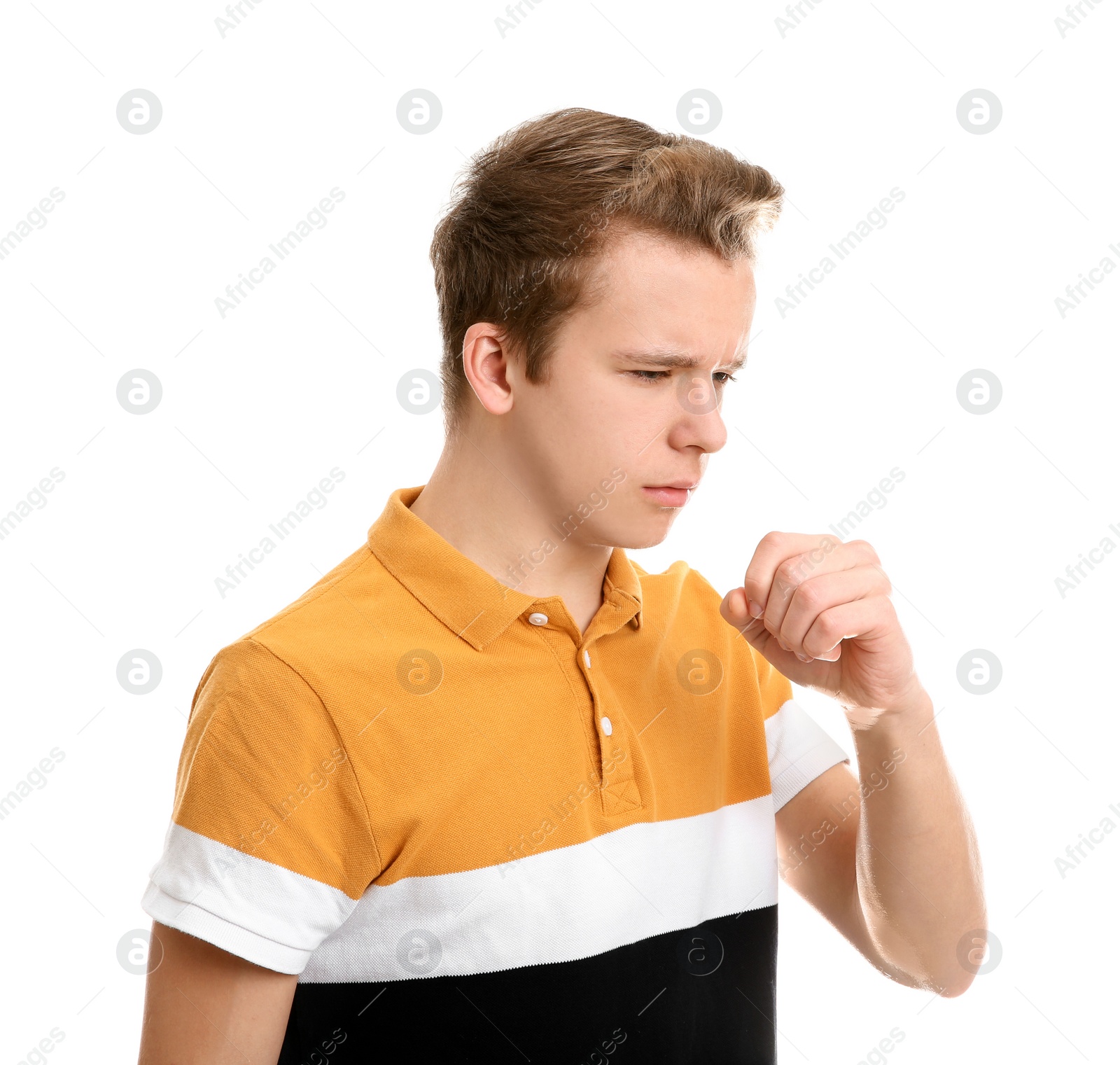 Photo of Teenage boy suffering from cough isolated on white