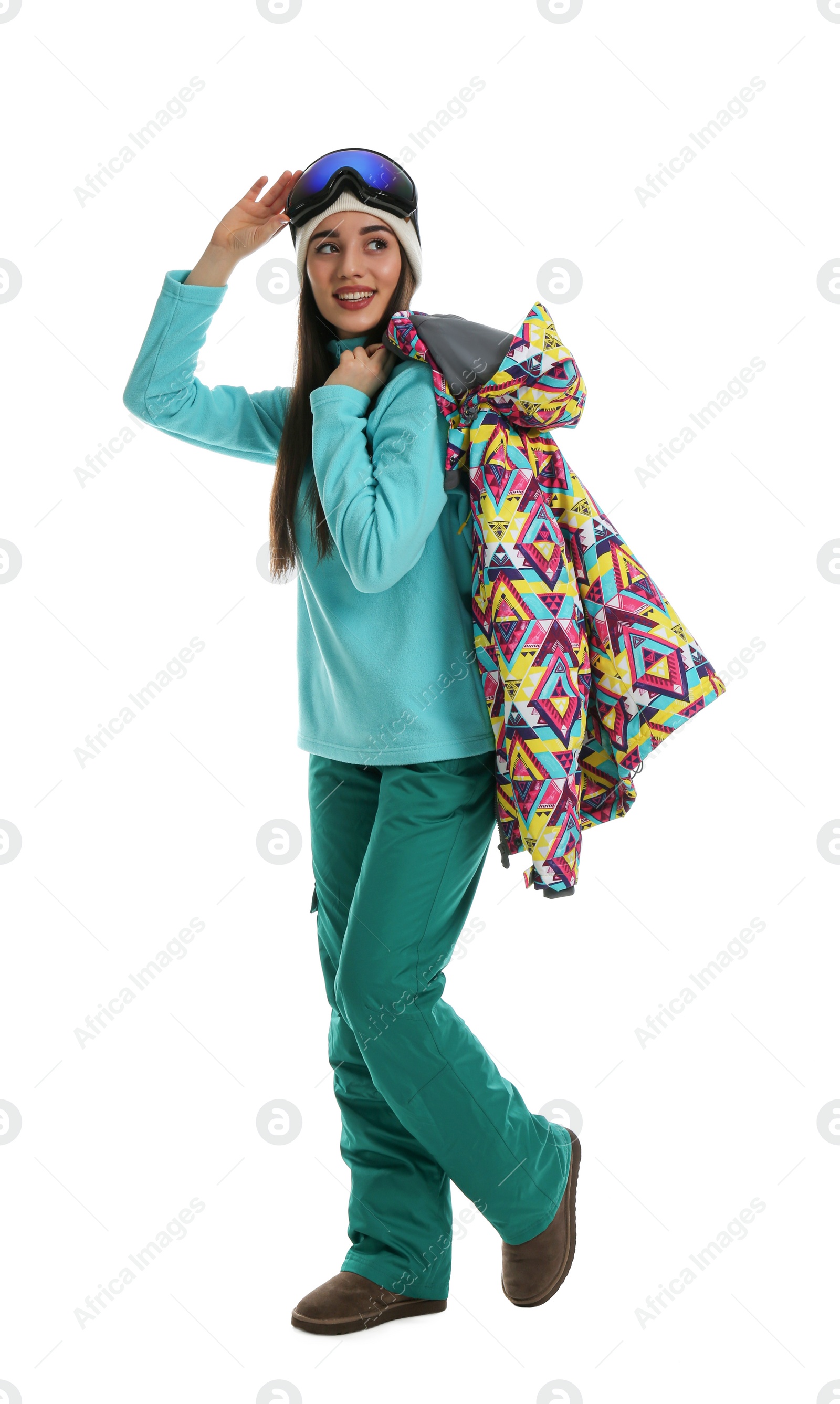 Photo of Woman wearing stylish winter sport clothes on white background