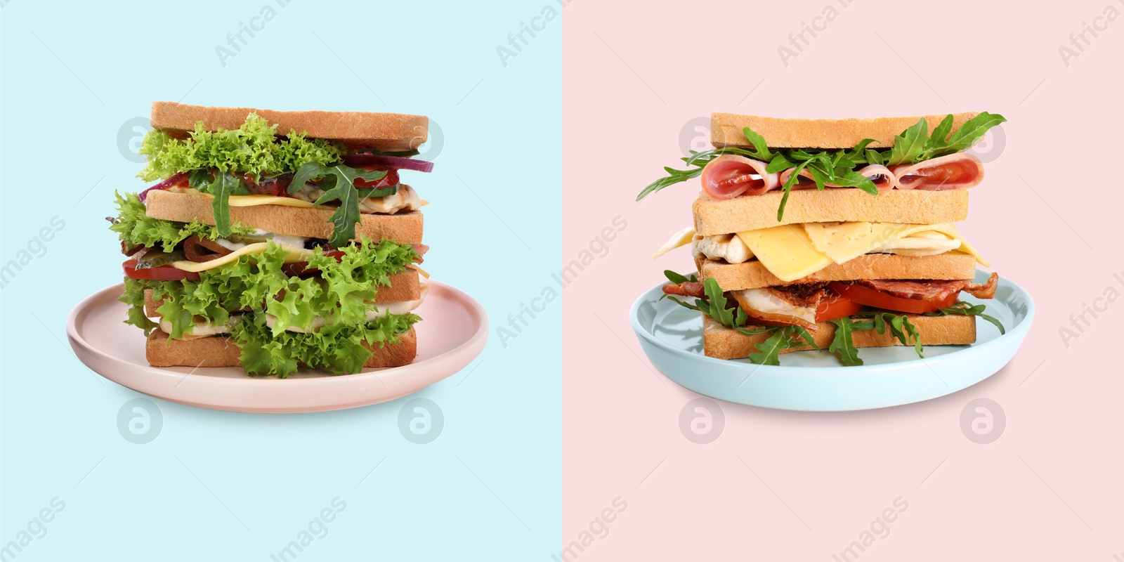 Image of Yummy sandwiches with chicken on color background 