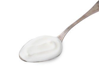 Delicious natural yogurt in spoon isolated on white