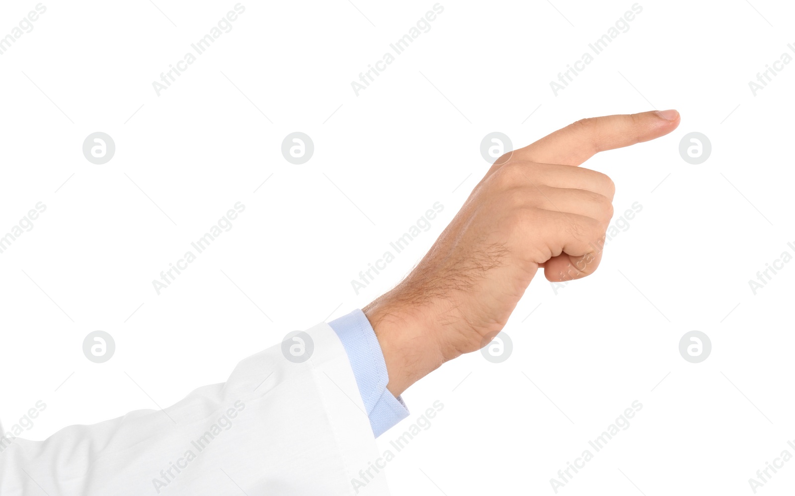 Photo of Male doctor pointing on white background, closeup