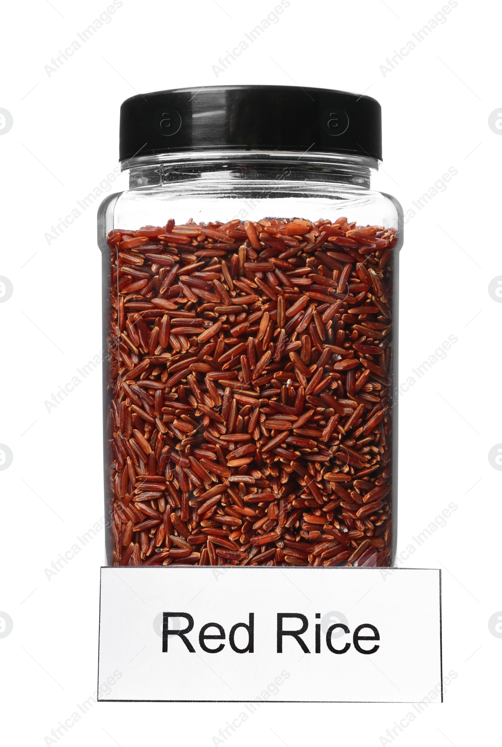 Photo of Red rice in jar with label isolated on white. Mock up for design