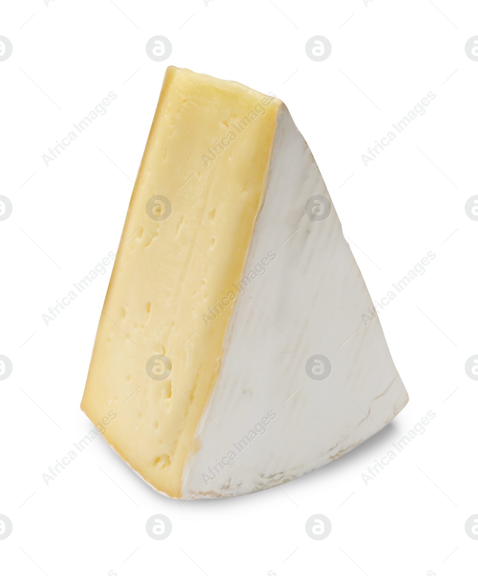 Photo of Piece of tasty camembert cheese isolated on white