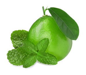 Image of Fresh ripe lime and green mint leaves isolated on white