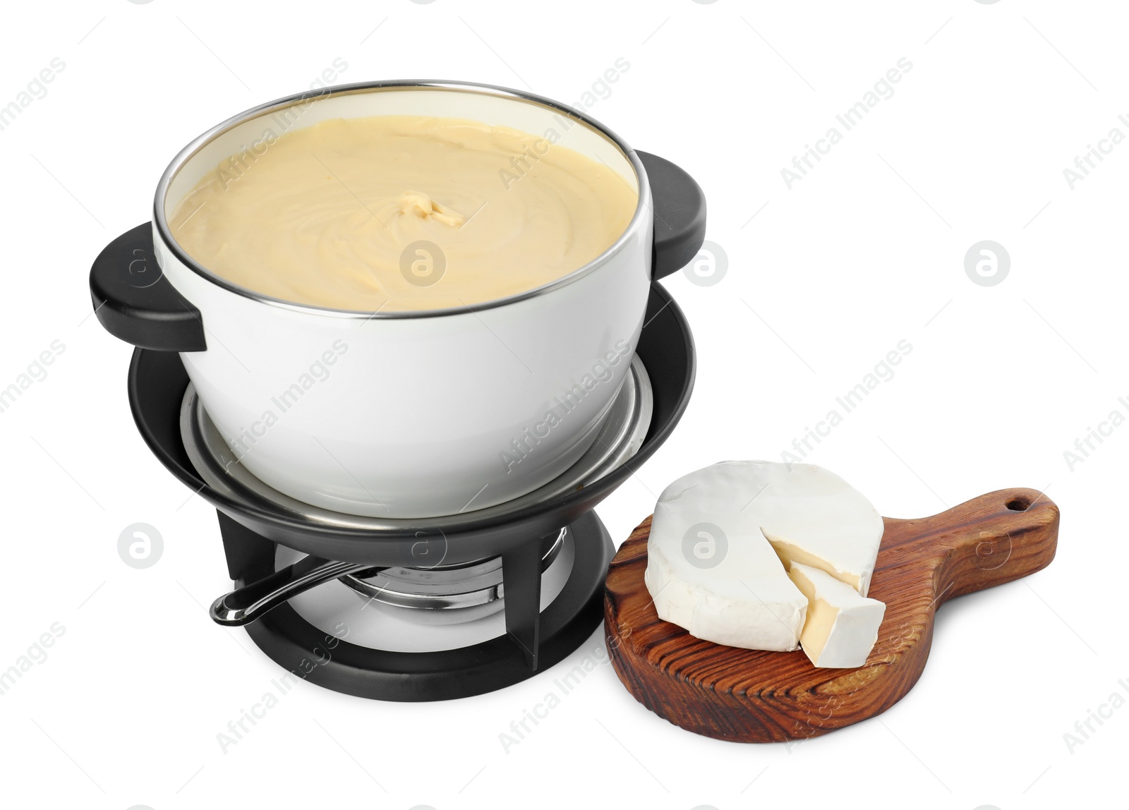 Photo of Fondue with tasty melted cheese and camembert isolated on white