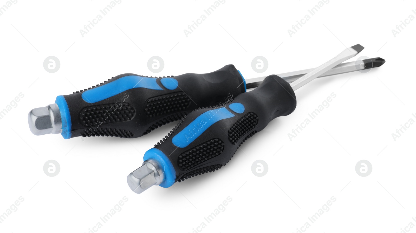 Photo of Two screwdrivers with blue handles isolated on white