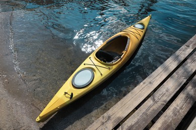 Modern kayak on river, above view. Summer camp activity