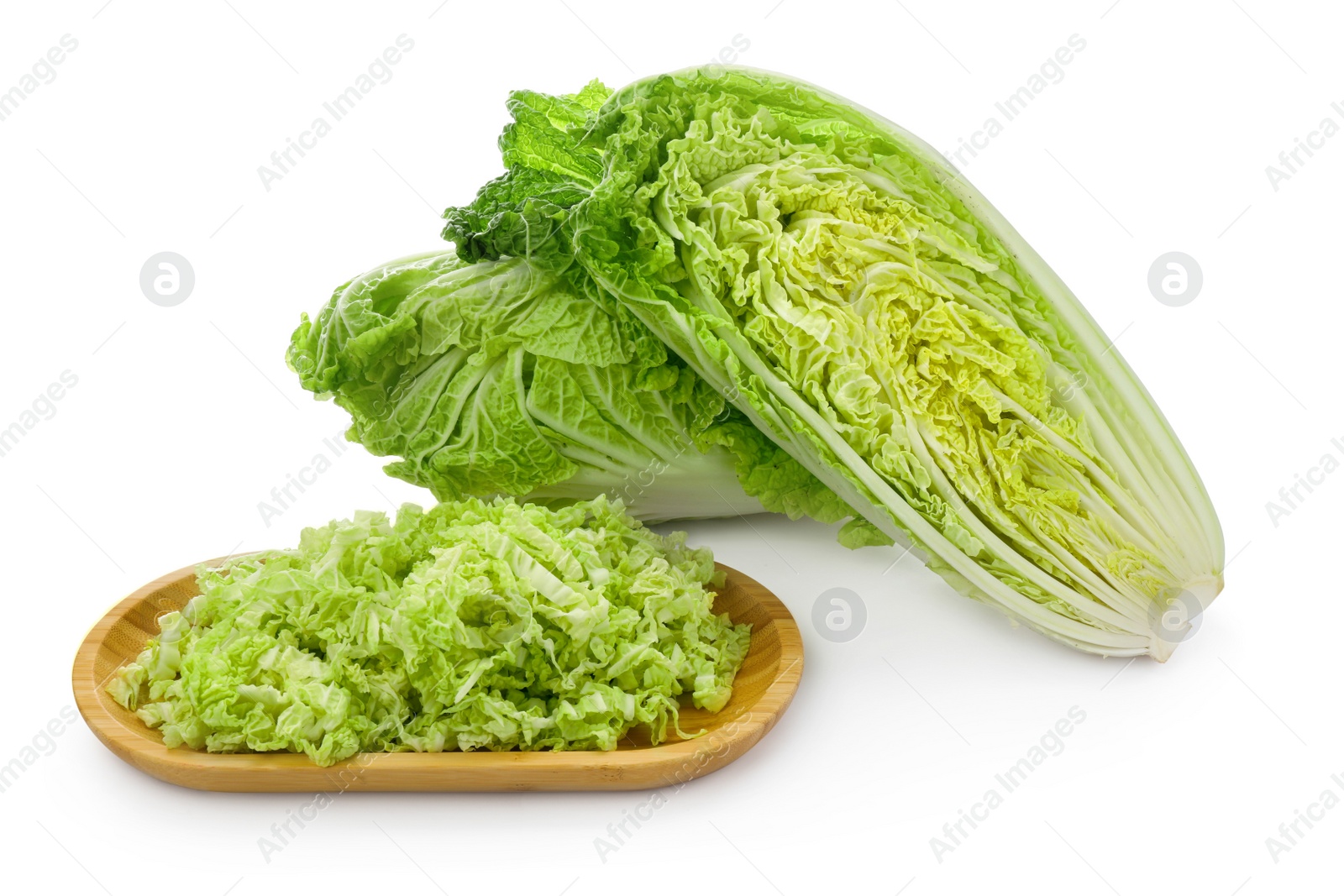 Photo of Cut fresh ripe Chinese cabbages on white background