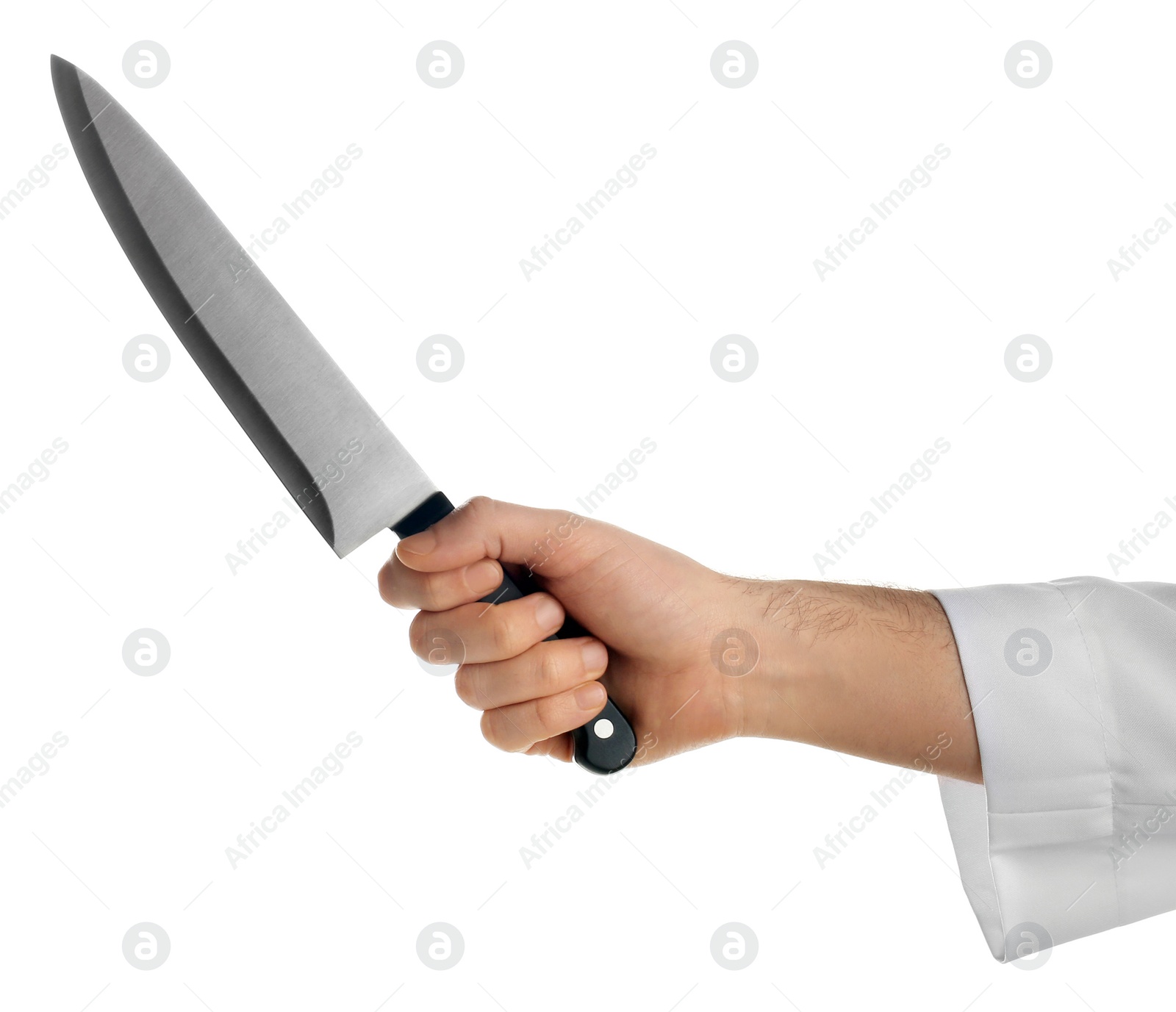 Photo of Man holding chef's knife on white background, closeup