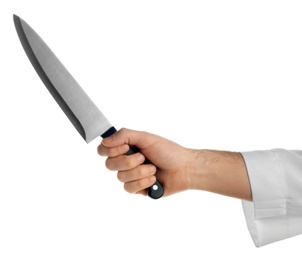 Photo of Man holding chef's knife on white background, closeup