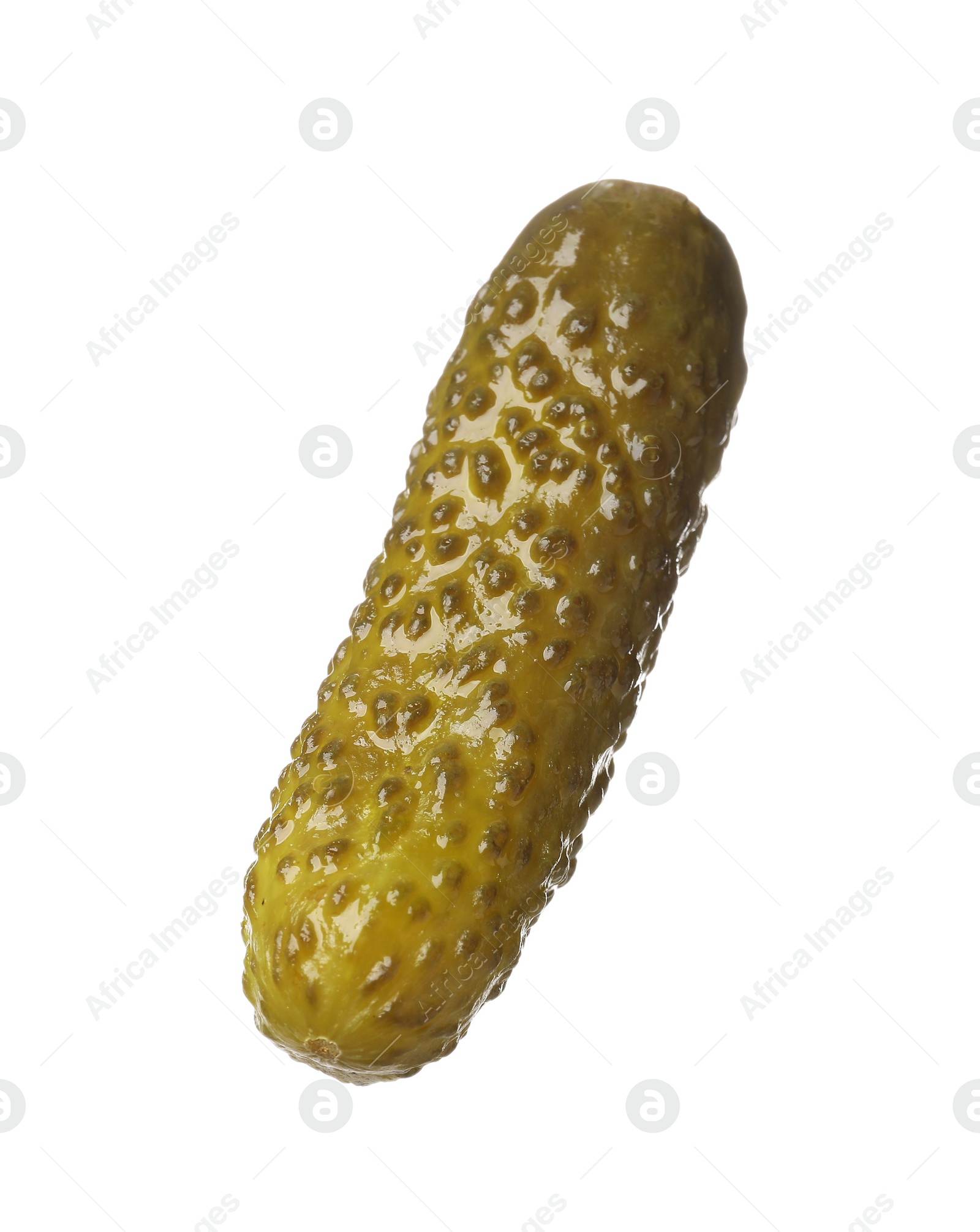 Photo of One tasty pickled cucumber isolated on white