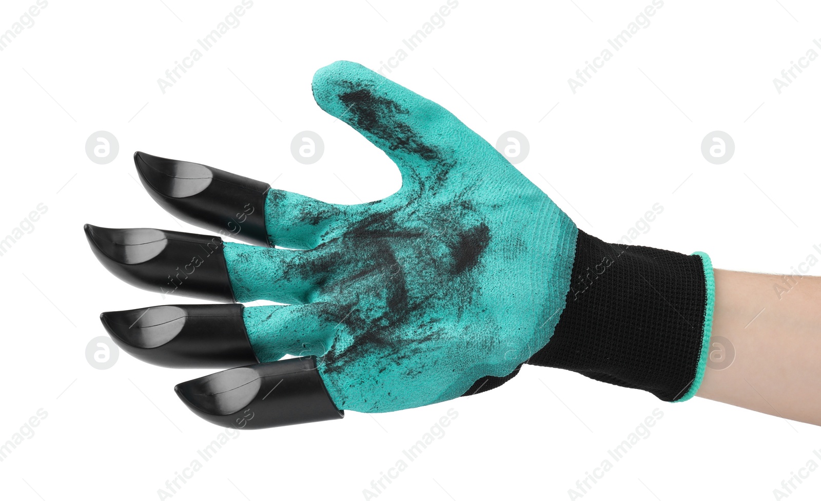 Photo of Woman in claw gardening glove on white background, closeup