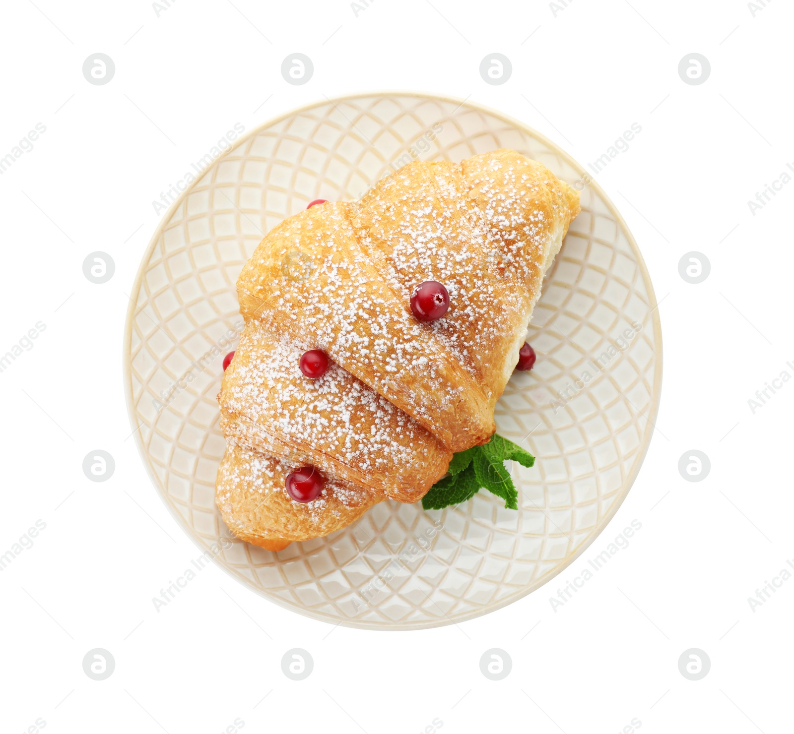 Photo of Plate with tasty croissant on white background, top view