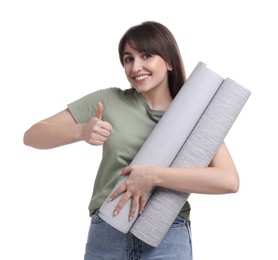Photo of Beautiful woman showing thumbs up wallpaper rolls on white background