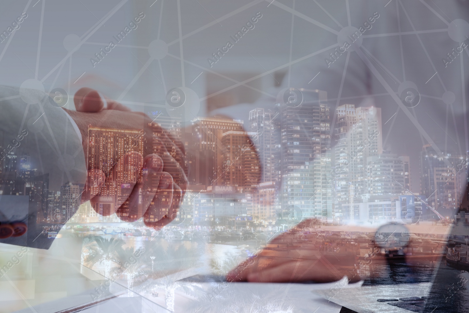 Double exposure of partners shaking hands and night city. Business values Image of Double exposure of partners shaking hands and night city. Business values