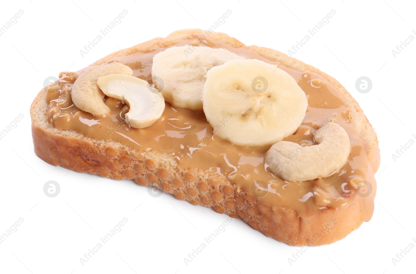 Photo of Toast with tasty nut butter, banana slices and cashews isolated on white