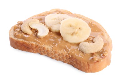 Toast with tasty nut butter, banana slices and cashews isolated on white