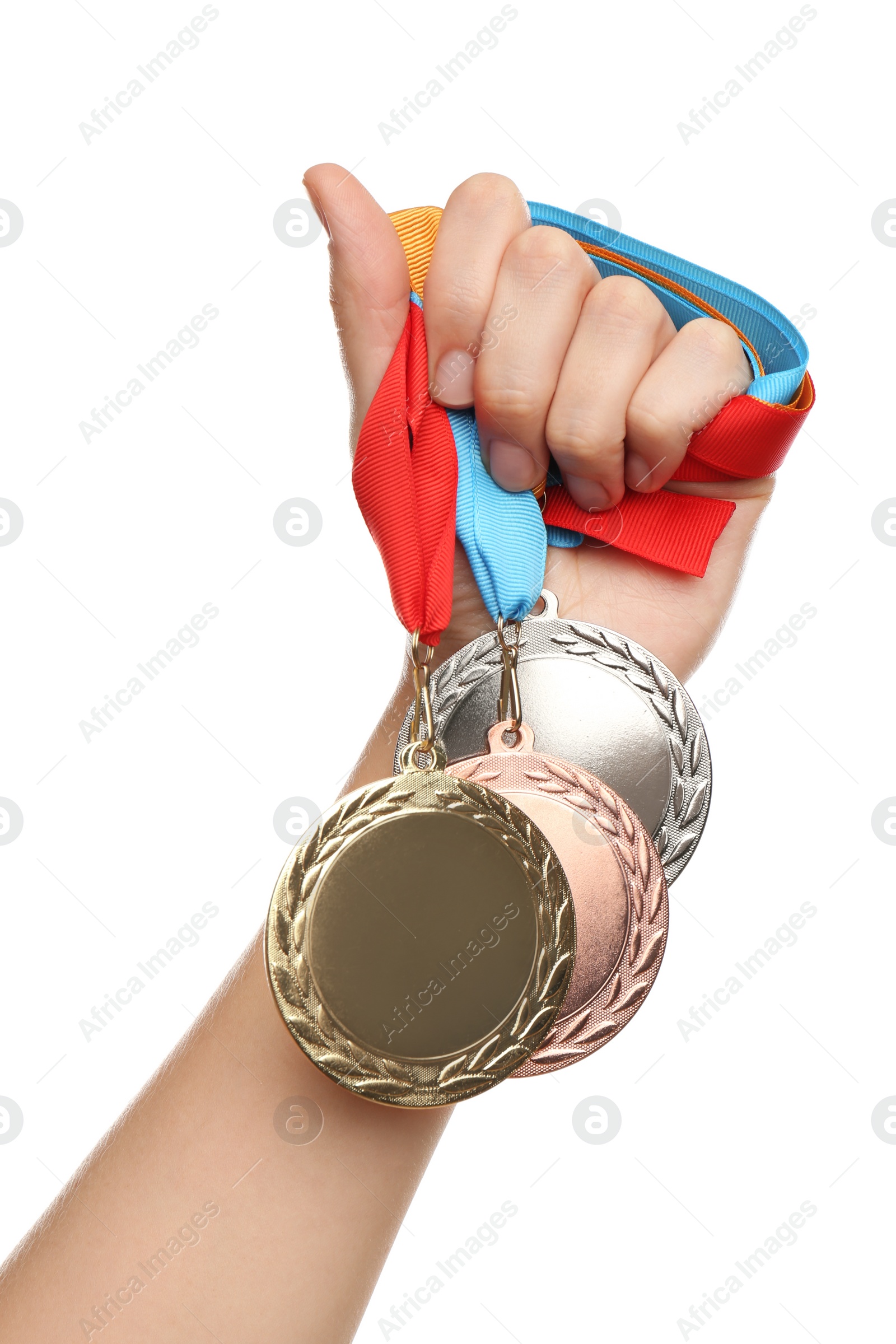 Photo of Woman holding medals on white background, closeup. Space for design