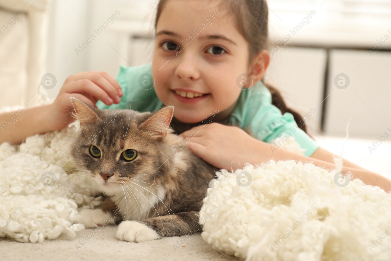 Photo of Cute little girl with cat lying on carpet at home. First pet