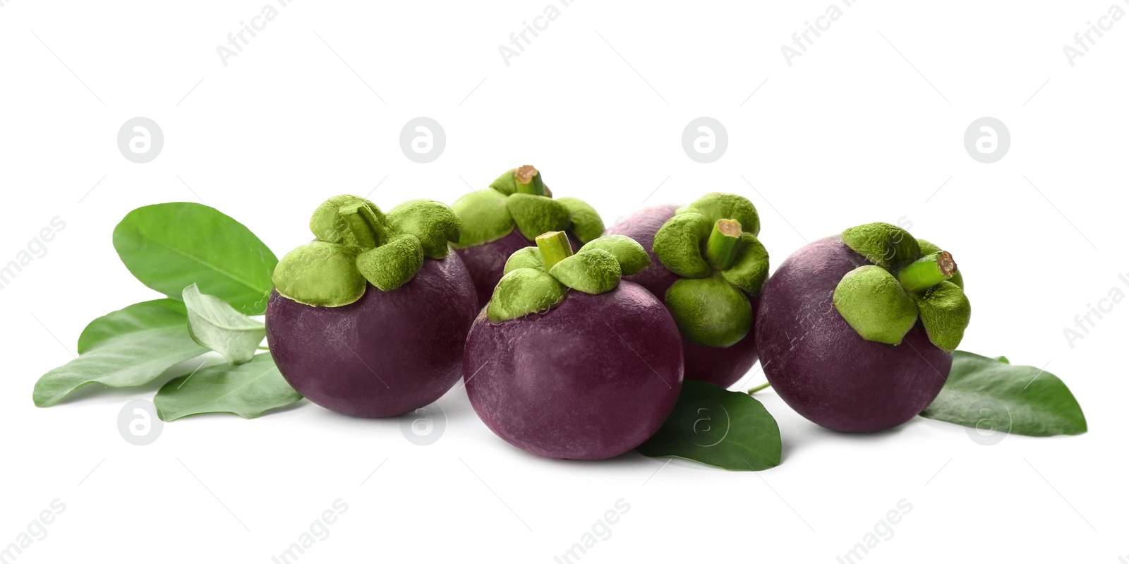 Photo of Fresh mangosteen fruits with green leaves on white background