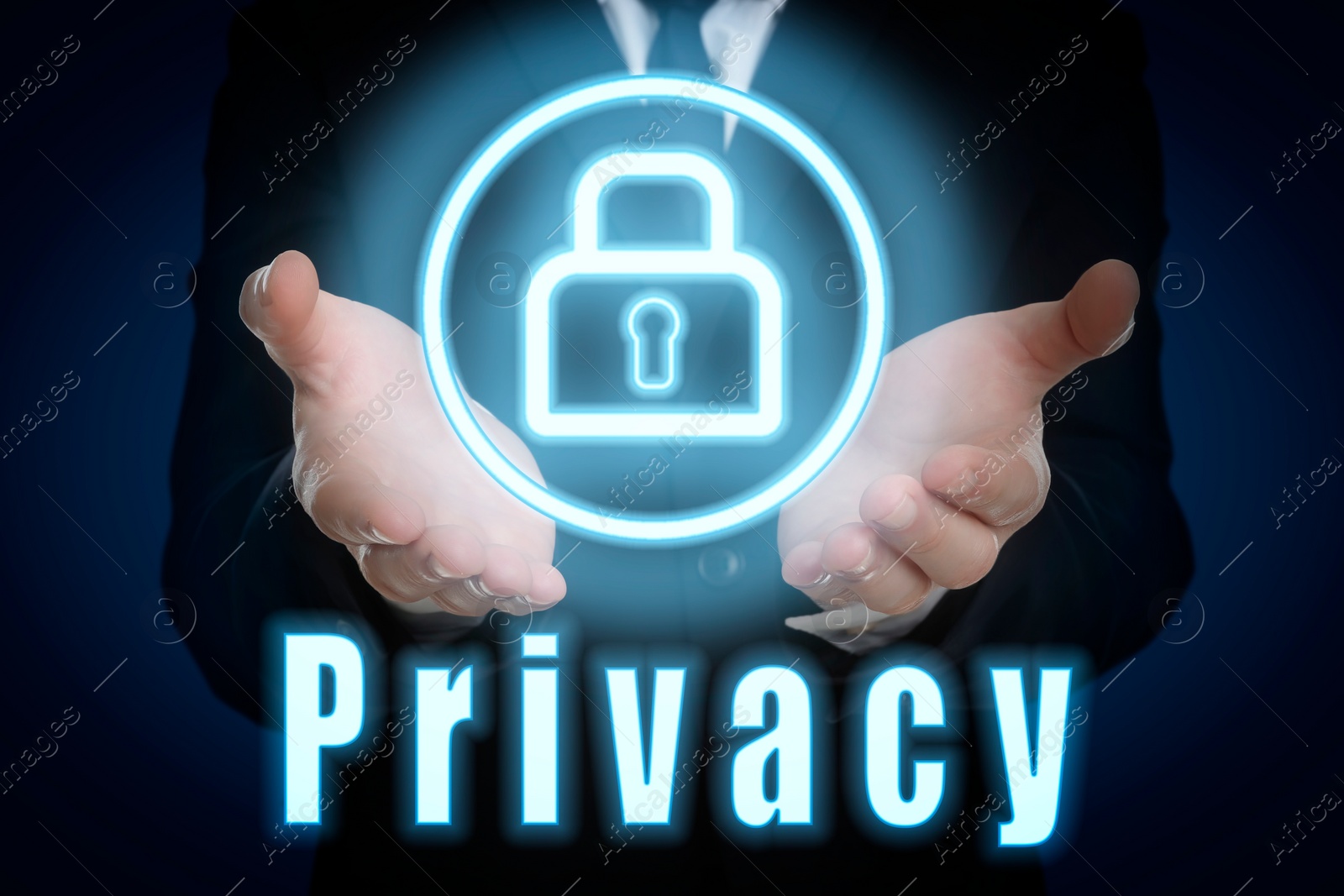 Image of Privacy policy. Man holding button with padlock against dark blue background, closeup