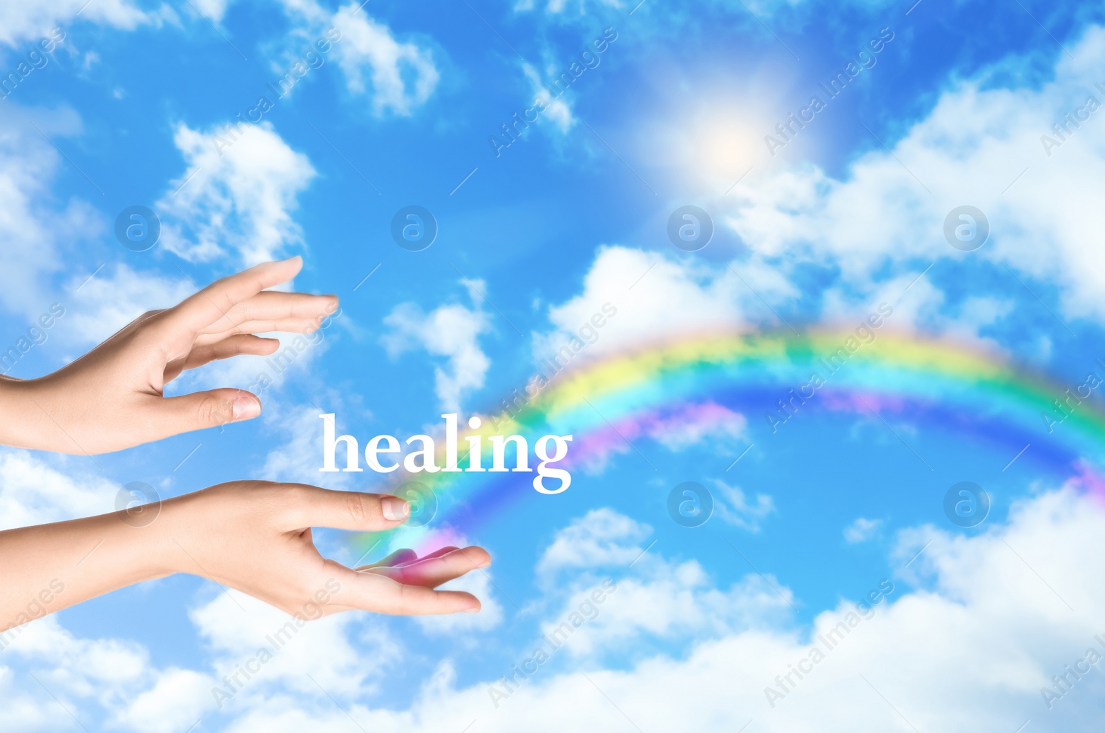 Image of Woman and rainbow as source of healing energy on sunny day, closeup