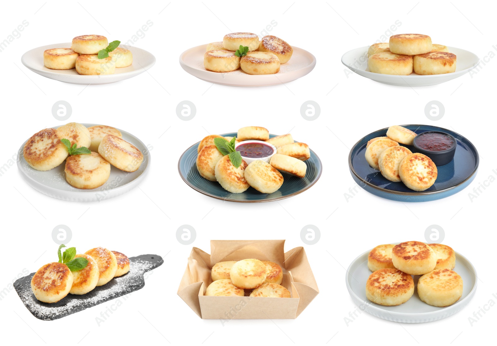 Image of Set with delicious cottage cheese pancakes on white background 